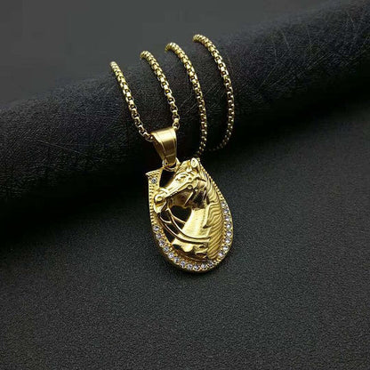 Hiphop Jewelry Titanium Steel Gold-plated Zircon Horse Head Pendant