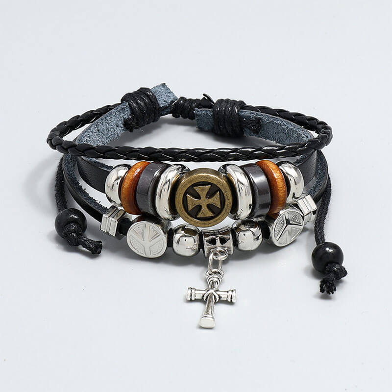 Creative Handmade Beaded Cross Leather Bracelet Retro Trend Multilayer Men's Bracelet