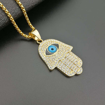 Hip Hop Eye Jewelry Gold Plated Zirconia Hands of Fatima Pendant