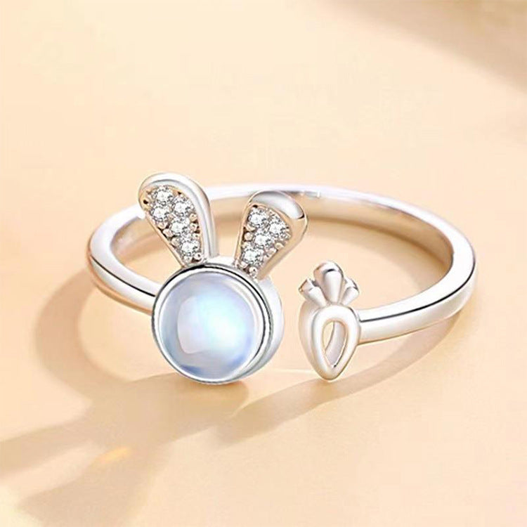 Cute Little Rabbit Carrot Moonstone Open Ring