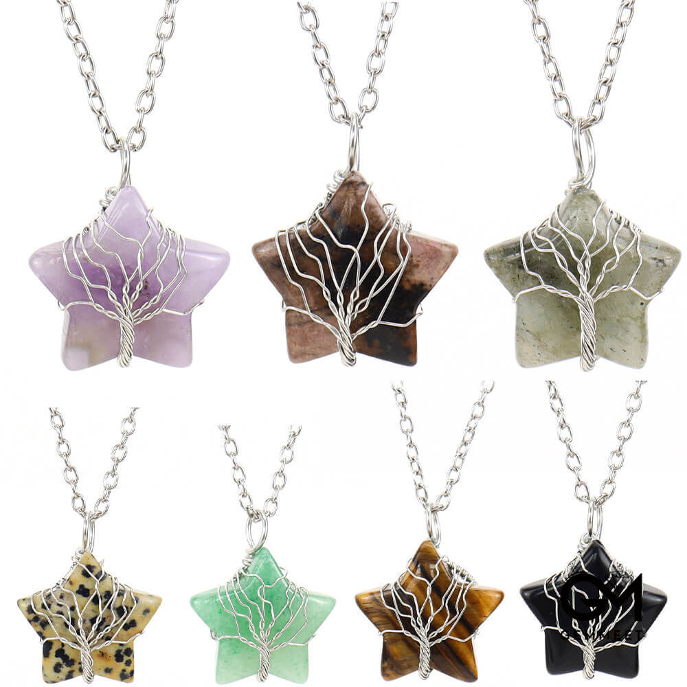 Crystal Pentagram Wound Tree of Life Pendant Necklace