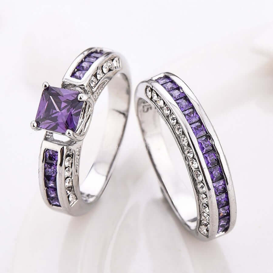 Amethyst White Zircon Ring Set Pair of Rings