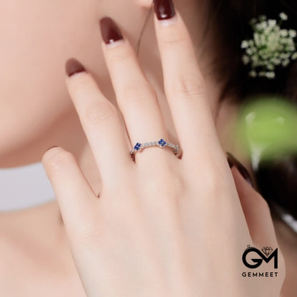 S925 Silver Blue White Round Zircon Flower Ring