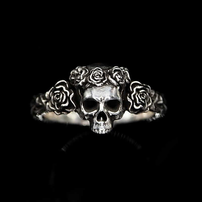 Men's Gothic Black Rose Skull Adjustable Ring