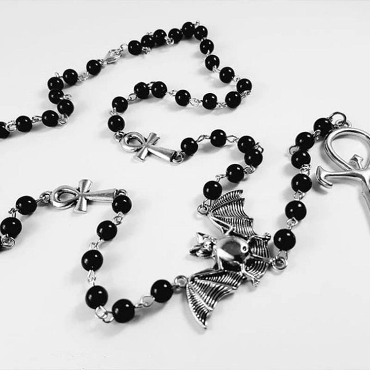 "Mysterious Vampire" Bat Rosary Cross Necklace