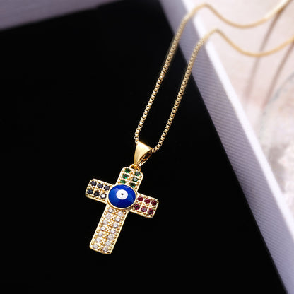 Evil Eye Cross Full Color Stones Pendant Necklace