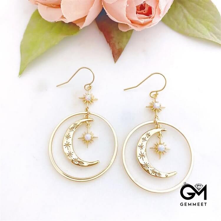 Fashionable Moonstone Moon Sun Pendant Earrings