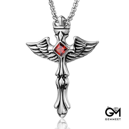 Stainless Steel Wing Pendant Red Zircon Necklace