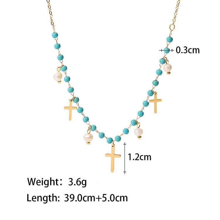 Turquoise Pearl Cross Pendant Tassel Necklace