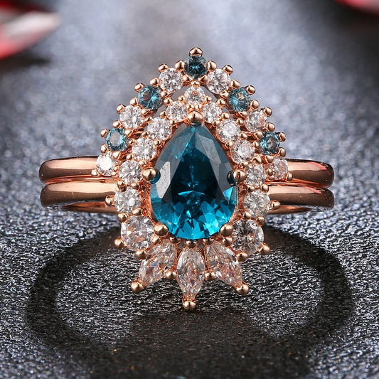 Blue Topaz White Zircon Crystal Design Rose Gold Ring