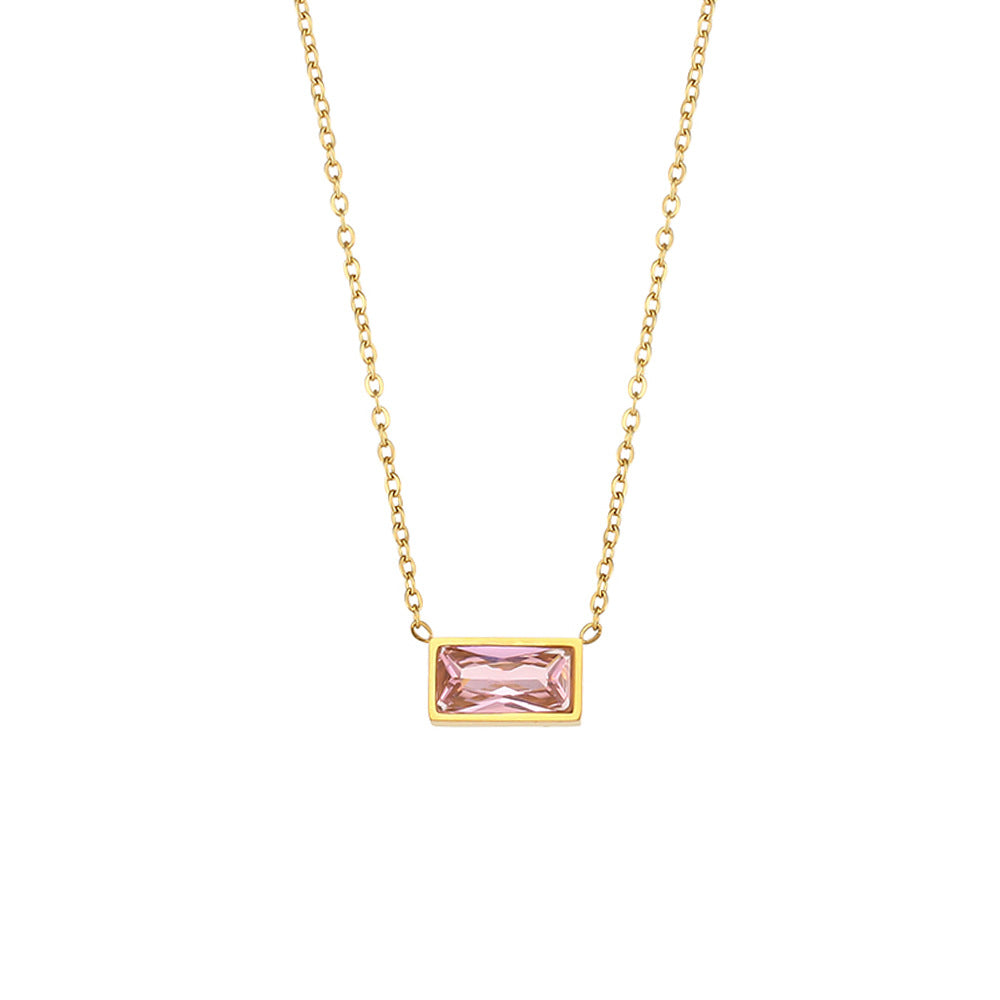 Stainless Steel Square Zircon Color Pendant Necklace