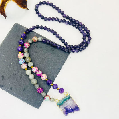 Rainbow Fluorite Labradorite Amethyst Emperor Mala Beaded Necklace