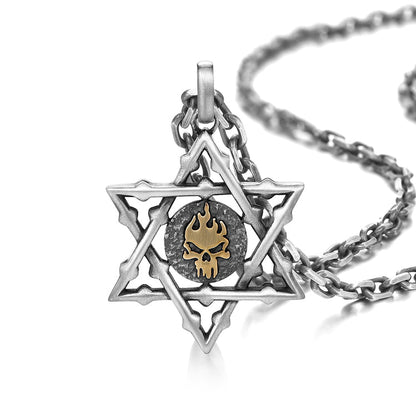 Sterling Silver Golden Skull Hexagram Pendants Necklace