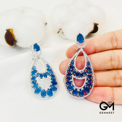 Pear-Shaped Center Hollow Blue Stone Pendant Earrings