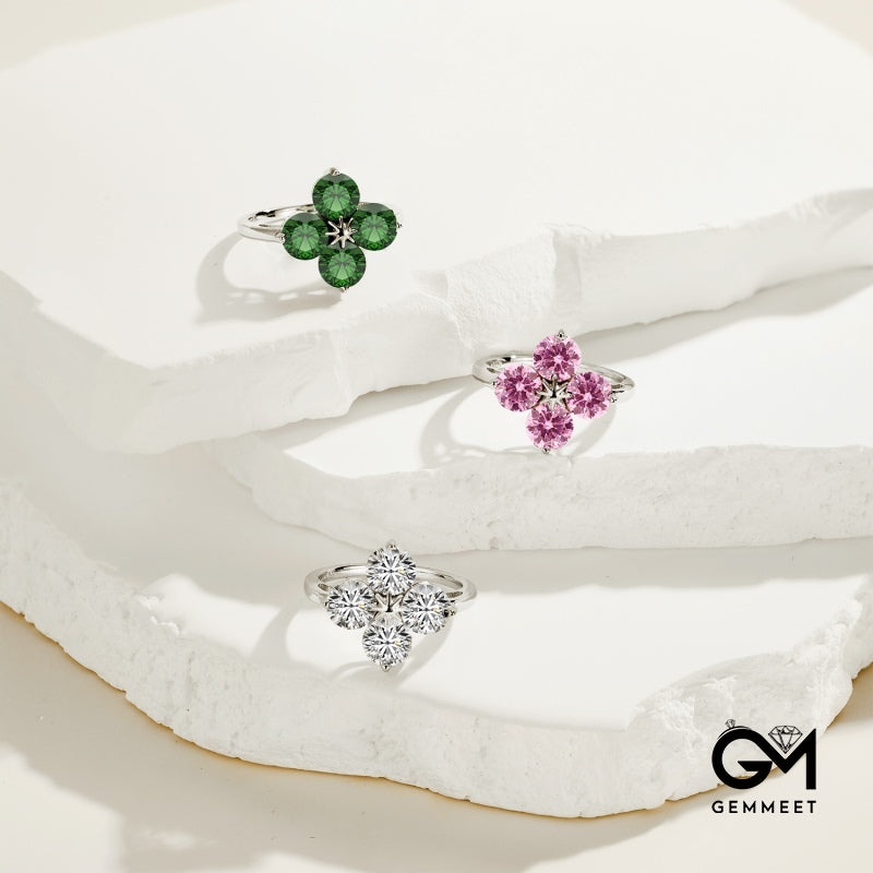 S925 Green Zircon Four-leaf Clover Octet Star Ring