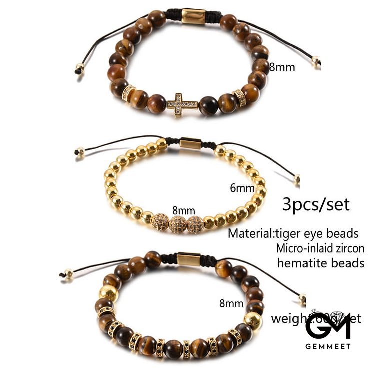 3Pcs/Set Tiger Eye Stone Beaded Men Cross Bracelet