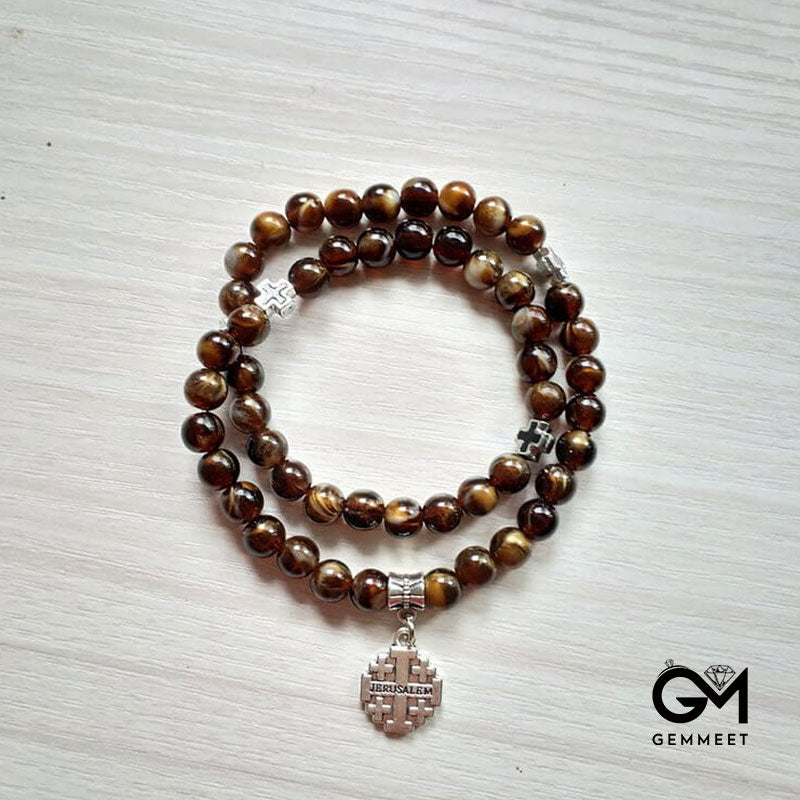 Tiger Eye Cross Pendant Rosary Bracelet