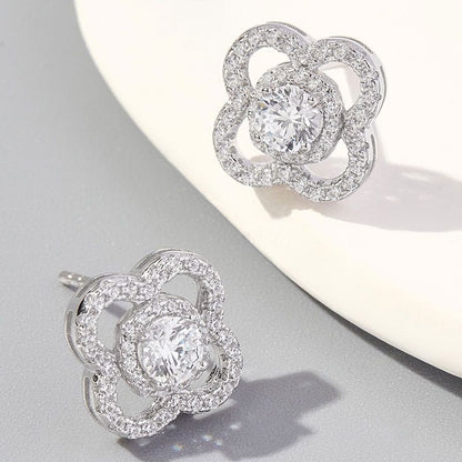 White Gold Four Leaf Petal Full Stones Moissanite Stud Earrings