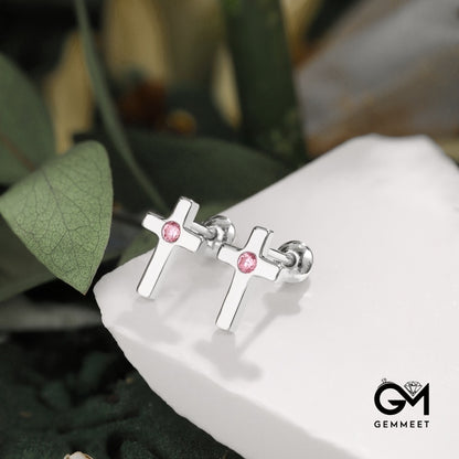 S925 Sterling Silver Smooth Cross Pink Zircon Earrings