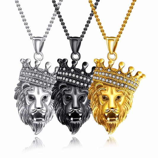 Goldern Three-dimensional Crown Lion Head Pendant Necklace