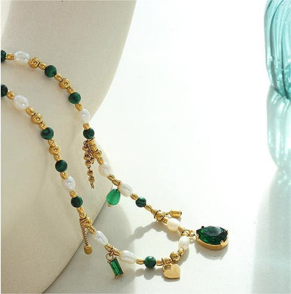 Emerald Pearl Beaded Non Fading Golden Necklace