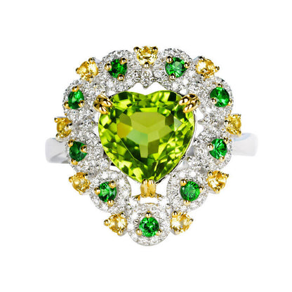 Imitation Green Peridot Ring Micro-inlaid Peridot Heart-shaped Small Fragrance and Colorful Treasure Ring