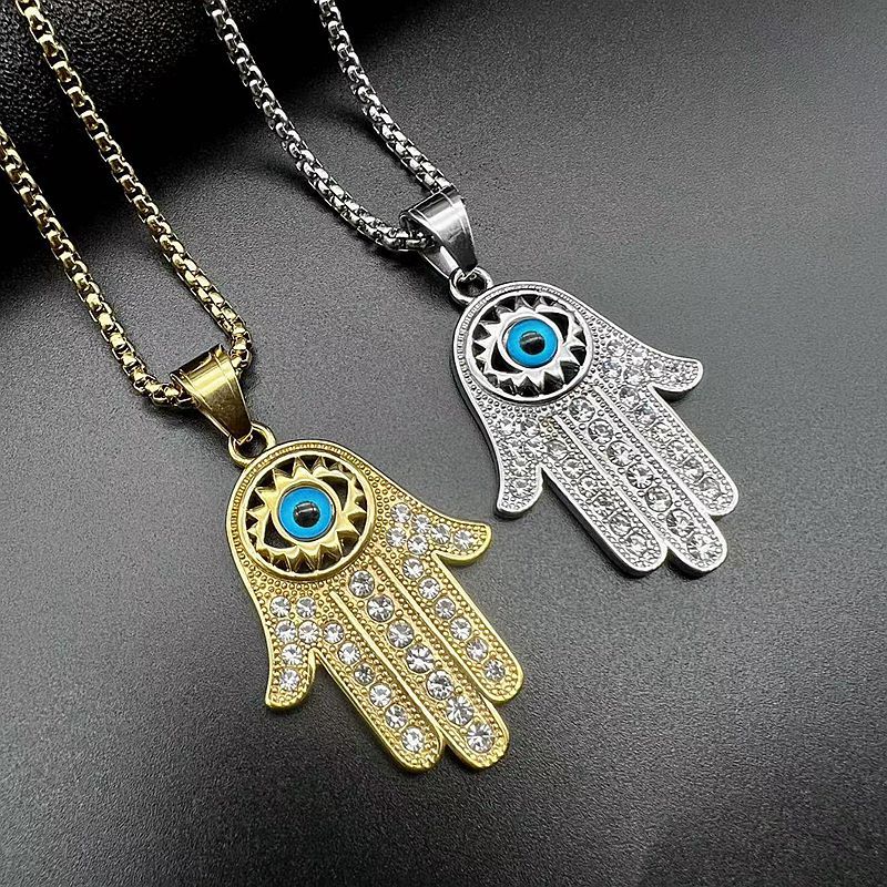 Hiphop Gold Plated Zircon Blue Eyes Hand of Fatima Pendant