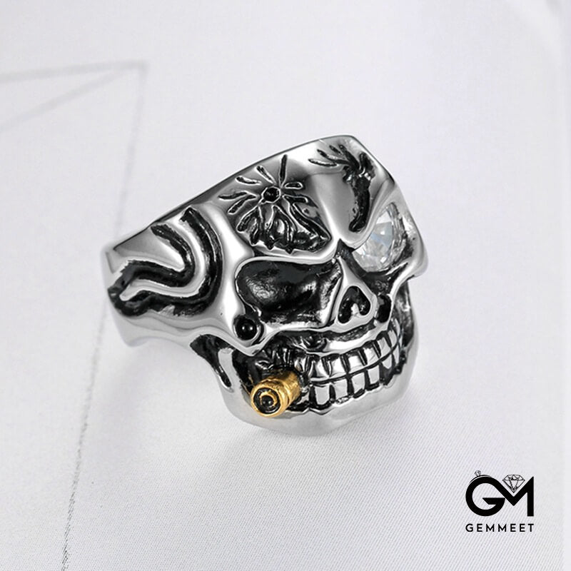 White Eyes Gold Pipe Skull Ring