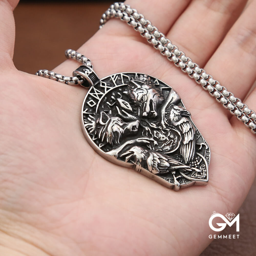 Stainless Steel Viking Vintage Double Wolf Necklace