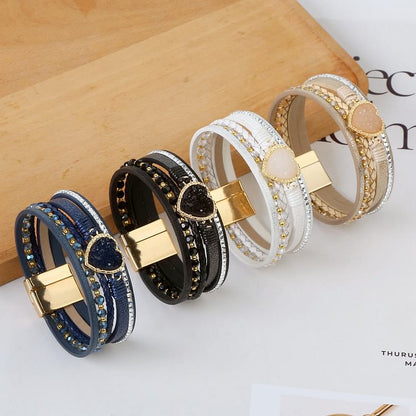 Heart Shape Cluster Multilayer Braided Leather Bracelet