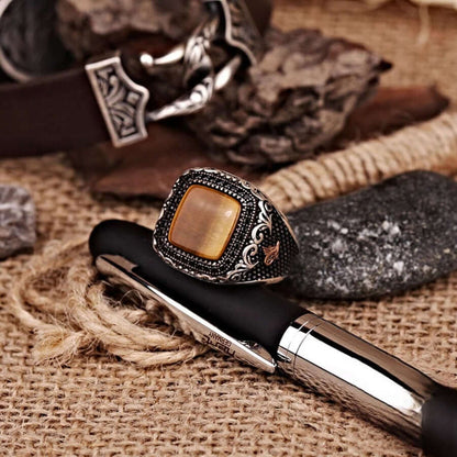 Metal Engraved Tiger Eye Men's Ring