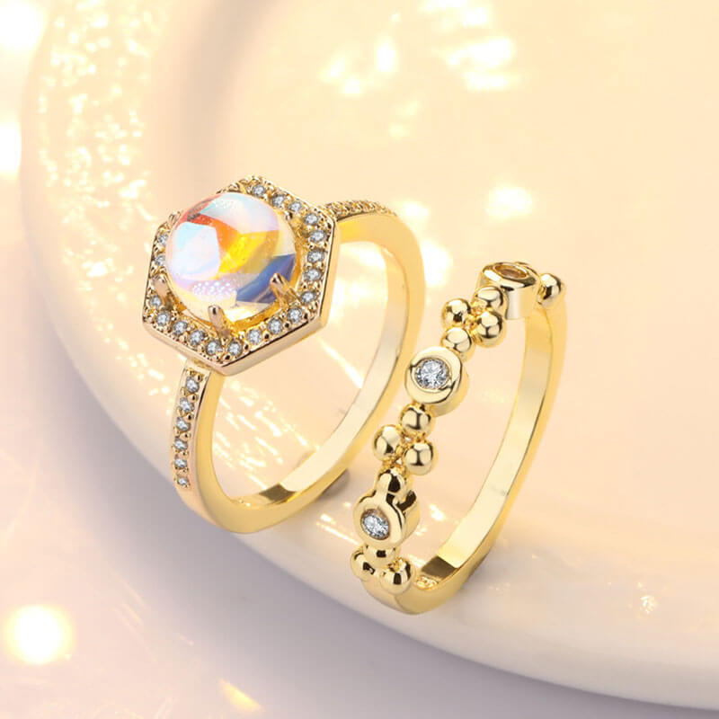 Halo Hexagon Moonstone 2 PCS Ring