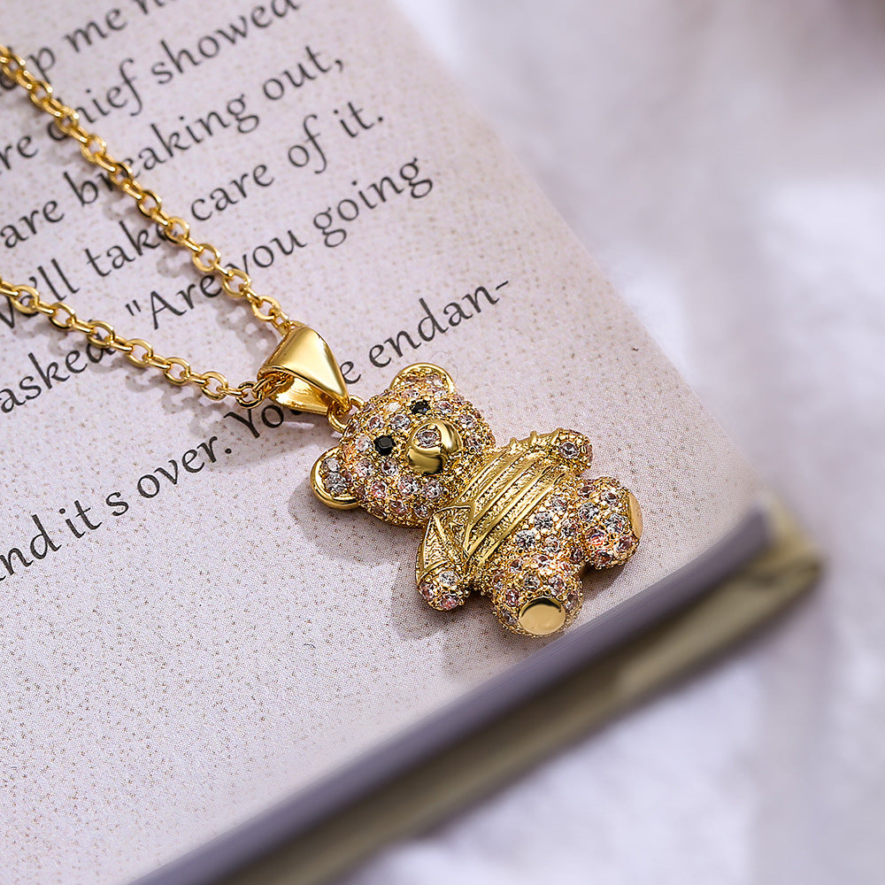 Cute Full Stones Bear Pendant Necklace