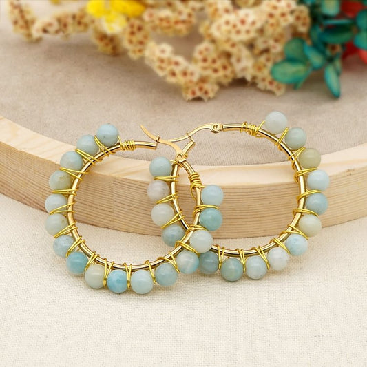 Boho Natural Crystal Beads Large Hoop Earrings