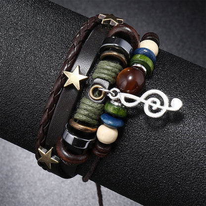 Simple Layered Beaded Leather Statement Musical Note Charm Music Festival Bracelet