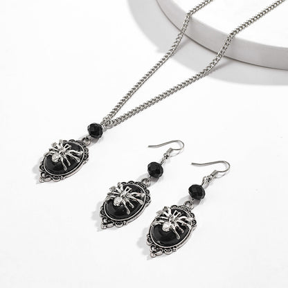 Halloween Animal Black Gemstone Dark Earring Necklace Gothic Style Retro Spider Earring Pendant Necklace