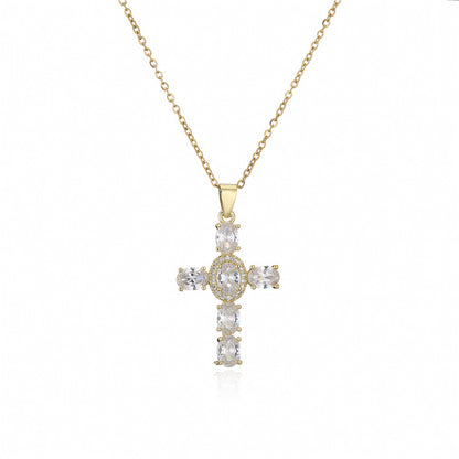 Full Oval Cut Stones Cross Shape Chain Necklace