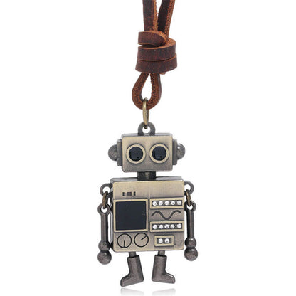 Movable Robot Pendant Leather Necklace