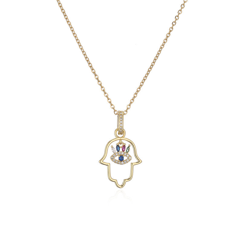 Hamsa Full Stones & Hollow Pendant Necklace