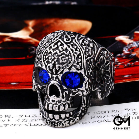 Titanium Steel Inlaid with Zircon Carved Skull Ring