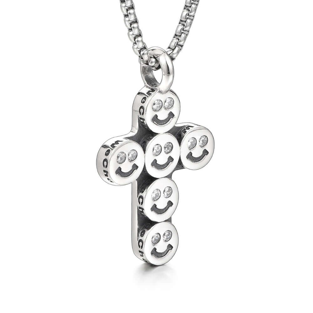 Round Smiling Face Sterling Silver Cross Pendants Necklace