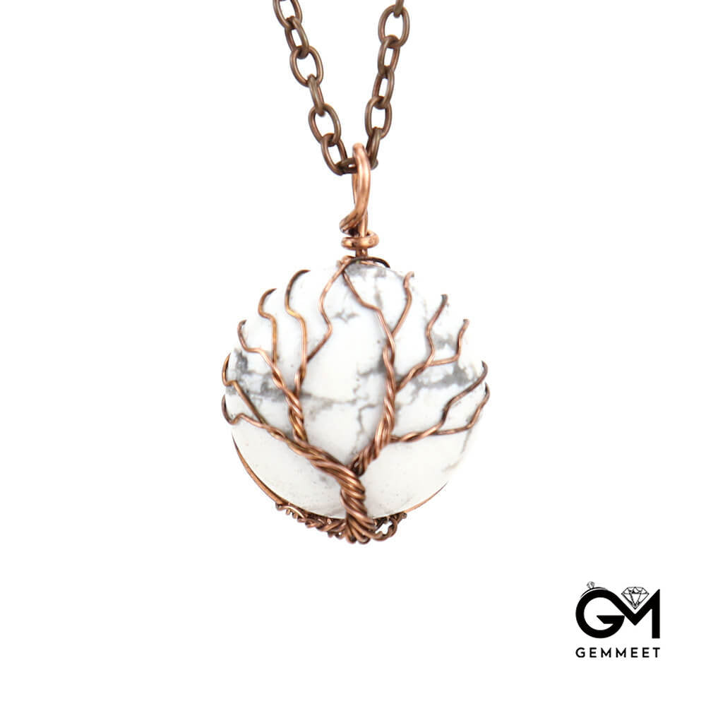 Crystal Circle Wrapped Tree of Life Pendant Necklace