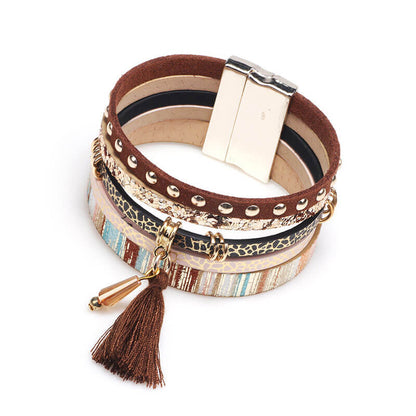 Fashion Multi-Layered Tassel Leather Personality Extra Wide Magnetic Buckle Bracelet