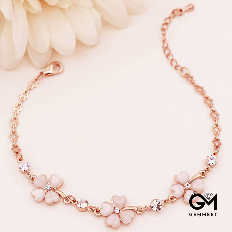 Pink Crystal Four Leaf Clover Love Chain Bracelet