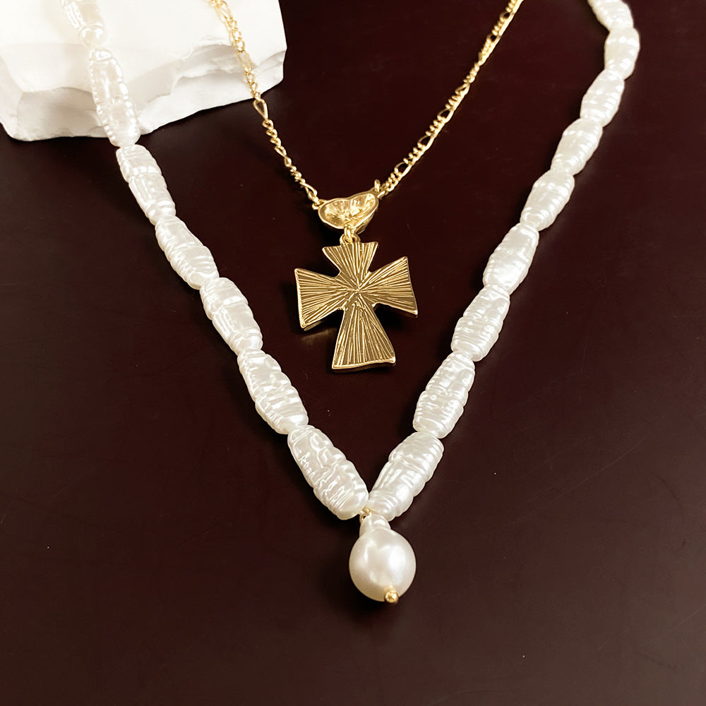 Two-tiered Pearl Beaded Cross Necklace