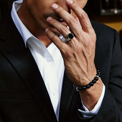 Fashion Men's Black Onyx Round Chain Ring