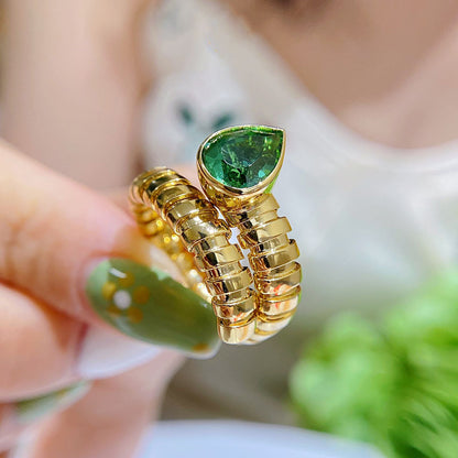 Medieval Style Gold Snake Ring Rich Green Tourmaline Ring