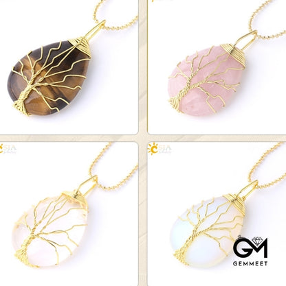 Gold Thread Drops Pink Crystal Pendant Necklace