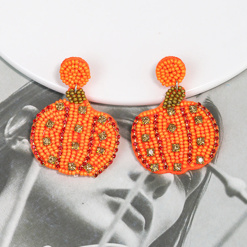 Halloween Handmade Rice Beads Inlaid Zircon Pumpkin Earrings for Women