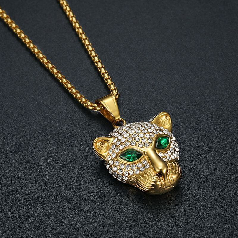 New Hip-hop Stainless Steel Inlaid Green Red Synthetic Cubic Zirconia Eyes Leopard Head Pendant for Men and Women